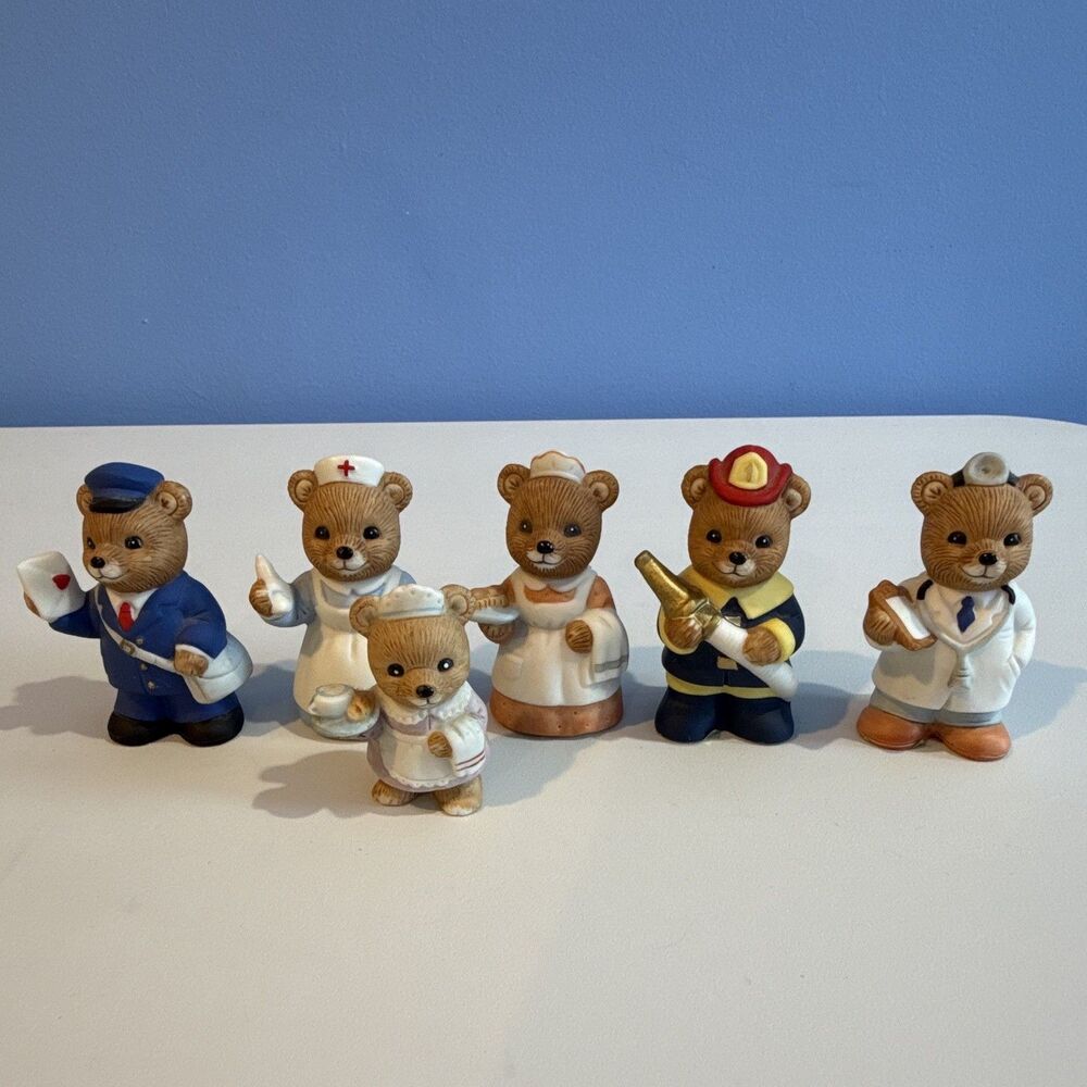 6pc Vintage HomCo Home Interiors Teddy Bear Figurine Police Doctor Nurse Fireman